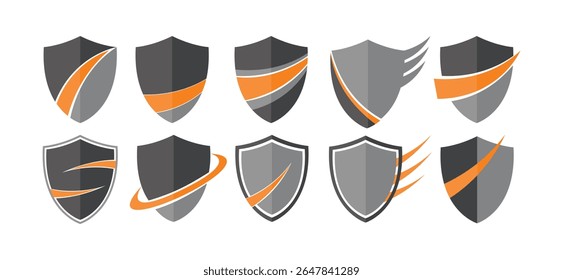 Collection of shield shaped logos with various variations