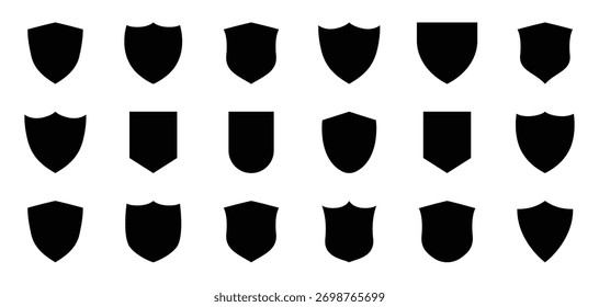 Coleção de formas de escudo representando conceitos de proteção, segurança e privacidade. Ideal para criar logotipos, emblemas e ícones de segurança cibernética para aplicativos, redes, defesa e segurança digital.