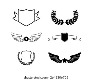 Collection of shield and wing emblems with laurel wreaths and ribbons silhouette