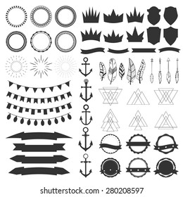 Collection of shields, badges and labels. Vector design elements. Vintage hipster labels, ribbons, garlands, arrows, feathers and anchors. Vector illustration