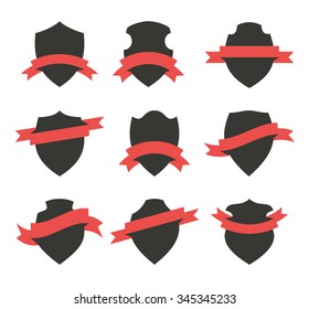 Collection of shields or badges with red ribbons wrapped around them. Blank vector signs with placeholders.