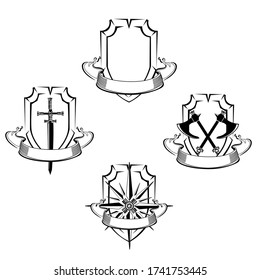 Collection of shields in vintage style. Silhouette. With ribbons and various engraving in the form of swords, axes and wind roses. Vector illustration.