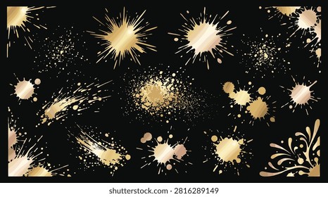 Collection of shimmering gold ink splatters, drops, and brush strokes. Ideal for abstract backgrounds, festive designs, and glamorous decorative accents.