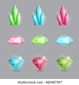 A collection of shine magic precious gemstones and minerals of various colors and shapes. Game and app ui icons, decoration and design elements.