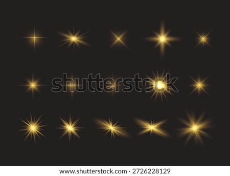 Collection of shining golden starbursts and light flares on a black background vector illustration.