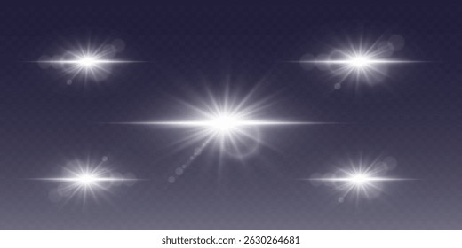 Collection of shining light effects with star sparkles and flare. On a transparent background.
