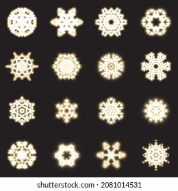 Collection of shining snowflakes. Vector set of different, winter snowflakes in the same style. A wonderful winter decoration for Christmas and New Year.