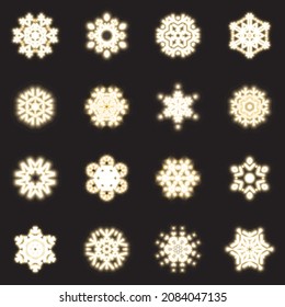 Collection of shining snowflakes. Vector set of different, winter snowflakes in the same style. A wonderful winter decoration for Christmas and New Year.