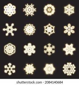 Collection of shining snowflakes. Vector set of different, winter snowflakes in the same style. A wonderful winter decoration for Christmas and New Year.