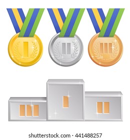 A collection of shining sports competitions award medals, gold, silver and bronze medals with green, blue and yellow ribbons and a silver podium for first, second and third winners.