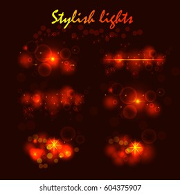 Collection of  shining star,  sun particles and sparks with a highlight effect, golden bokeh lights glitter and sequins isolated on dark background. Vector illustration. 