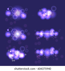 Collection of  shining star,  sun particles and sparks with a highlight effect, golden bokeh lights glitter and sequins isolated on dark background. Vector illustration. 