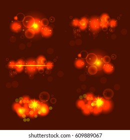 Collection of  shining star,  sun particles and sparks with a highlight effect, golden bokeh lights glitter and sequins isolated on dark background. Vector illustration. 