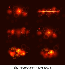Collection of  shining star,  sun particles and sparks with a highlight effect, golden bokeh lights glitter and sequins isolated on dark background. Vector illustration. 
