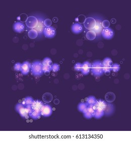 Collection of  shining star,  sun particles and sparks with a highlight effect, golden bokeh lights glitter and sequins isolated on dark background. Vector illustration. 