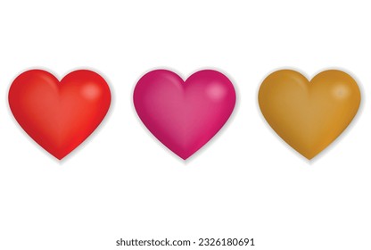 Colección de brillantes corazones 3d con sombra aislada sobre fondo blanco. El día de San Valentín lustroso globo rojo, rosa y corazones dorados. Ilustración vectorial realista del símbolo de amor.