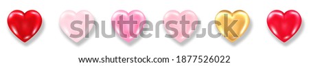 Collection of shiny 3d hearts with shadow isolated on white background. Valentines day glossy balloon red, pink and golden hearts. Realistic vector illustration of love symbol.