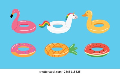 collection of shiny fancy rubber ring, pink flamingo, unicorn, duck, donut, pineapple, watermelon illustration