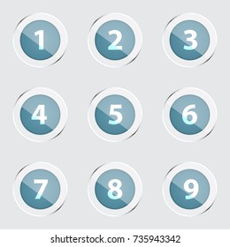 Collection of shiny and glossy buttons with numbers and silver rings. Illustration of number icons on modern design isolated on gray background.