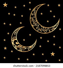 Collection of shiny gold crescent moon and stars vector