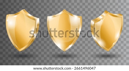 Collection of shiny golden shields in 3D style with reflections and highlights. Perfect for protection and security designs. Vector illustration
