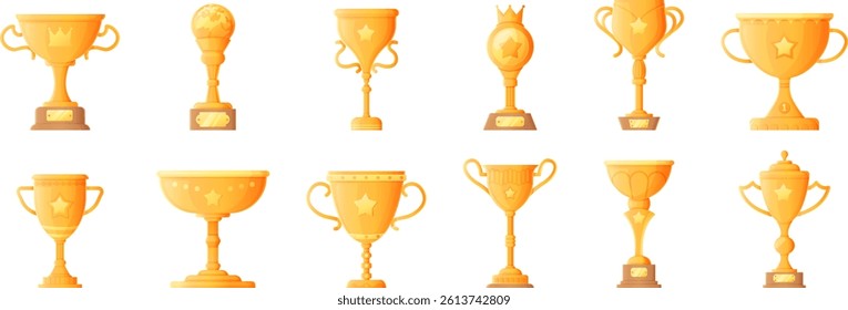 Collection of shiny golden trophy illustrations with unique designs and bases.