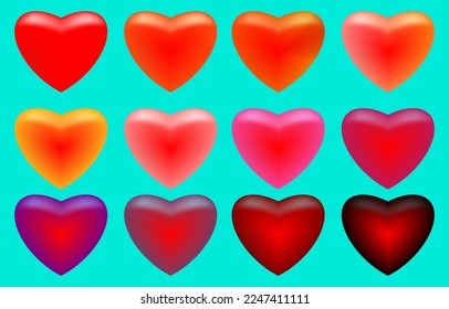 Collection of shiny hearts set. Valentines day glossy red, pink, orange and purple hearts. Vector illustration of love symbol. Suitable for Valentine's Day and Mother's Day decoration.