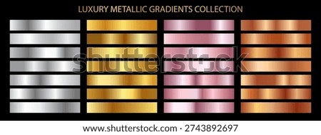 Collection of shiny, metallic silver, yellow gold and rose gold, bronze gradient swatches