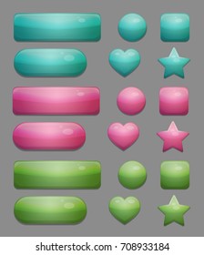 Collection of shiny multicolor isolated glass bubble app buttons with various shading and texture. UI editable design elements.