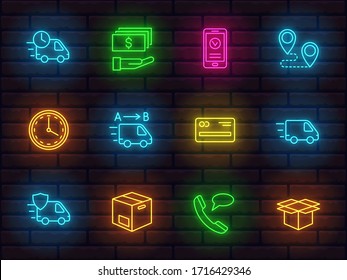 collection of shiny neon colorful icons signs symbols pictograms for delivery theme. advertising graphic web design