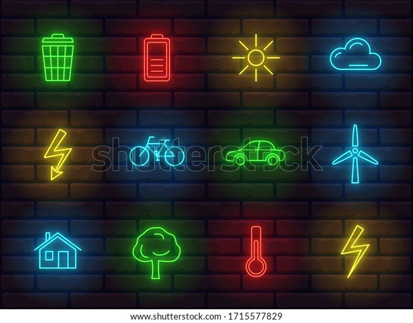 collection\
of shiny neon colorful icons signs symbols pictograms for ecology\
theme. alternative energy and recycling. water, air. earth\
pollution. ecological problems and\
solutions