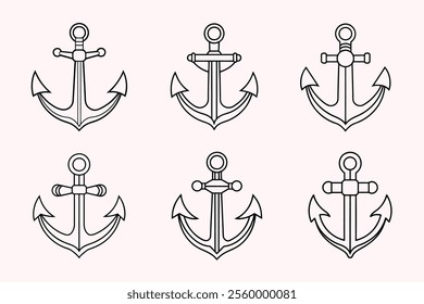 Collection of Ship Anchor Vector Set Line Drawing Art Design Illustration