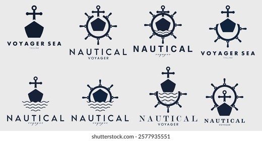 collection of ship front view steering wheel and wave logo vector illustration design