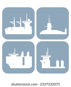 Collection of ship icons. Bulk ship, nuclear submarine, ro ro ship, heavy lift ship.