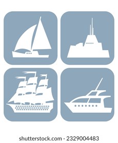 Collection of ship icons. Sailing Yacht, Military Stealth Ship, Victorian Era Battleship, Cruising Motor Yacht.