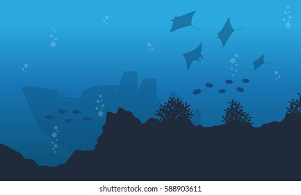 Collection of ship and stingray underwater landscape