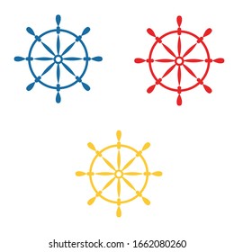 Collection with ship wheel isolated on white background. Classic blue, red and yellow. Simple flat icon. Cartoon style. Sea and ocean. Maritime equipment. For postcards and kids design. Navigation