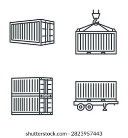 Collection of shipping container icons illustrating cargo logistics and transport industry elements.