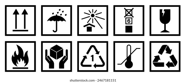 A collection of shipping and handling symbols, including fragile, keep dry, and recycling icons, perfect for packaging and logistics.