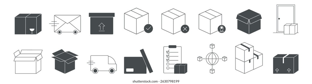 Collection of shipping and logistics icons including boxes, parcels, delivery trucks, and tracking elements in solid and outline styles.

