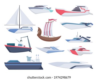 Collection of ships. Sea sailboats of water carriage and maritime transport in modern flat style. Fishing ship and water speedboats isolated transport icons