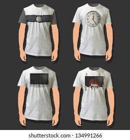 Collection of shirts with clocks and TV inside. Realistic vector design.