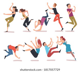 Collection of Shocked People Falling Down, Accident, Pain and Injury Cartoon Style Vector Illustration Isolated on White Background