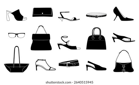 A collection of shoes and accessories in the form of black silhouettes on a white background, demonstrating trends in design and fashion aesthetics.
