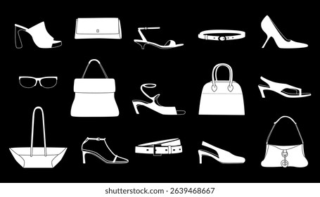 A collection of shoes and accessories in the form of white silhouettes on a black background, demonstrating trends in design and fashion aesthetics. The collection represents modern fashion trends.