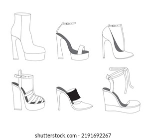 Colección de zapatos de diferentes tipos, vector de zapatos, ilustración de zapatos, conjunto de zapatos de mujer, botas, sandalias, zapatillas, ilustración de moda escarpada