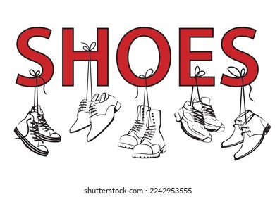 collection of shoes hanging on shoelaces isolated on white background