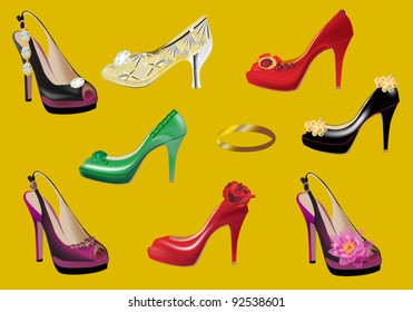 collection of shoes isolated on yellow background