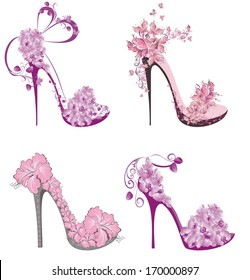 Collection shoes on a high heel decorated with flowers and butterflies 