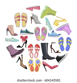 Collection of shoes in round frame banner isolated vector. Footgear for hot summer, warm spring, rainy autumn and cold winter. Elegant stilettos, running sneakers, casual flip-flops and warm boots.